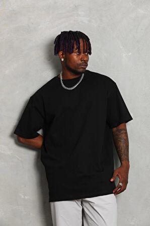 Unisex Oversize Düz Bisiklet Yaka T-Shirt - Siyah