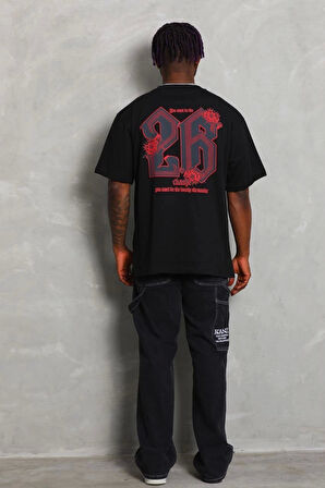 Unisex Oversize Baskılı Bisiklet Yaka T-Shirt - Siyah