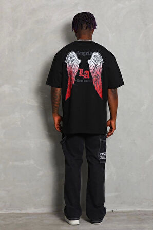 Unisex Oversize Baskılı Bisiklet Yaka T-Shirt - Siyah