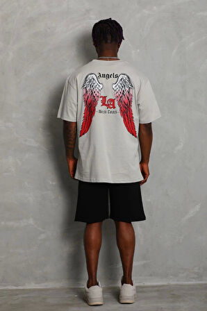 Unisex Oversize Baskılı Bisiklet Yaka T-Shirt - Gri