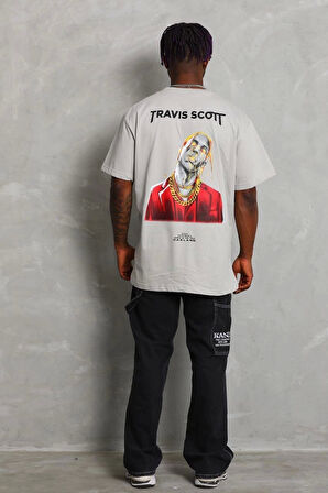 Unisex Oversize Baskılı Bisiklet Yaka T-Shirt - Gri