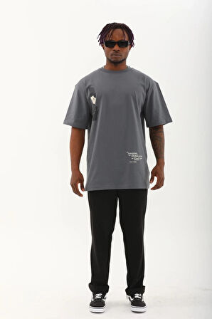 Unisex Oversize Baskılı Bisiklet Yaka T-Shirt - Füme