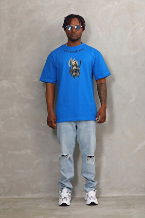 Unisex Oversize Baskılı Bisiklet Yaka T-Shirt - Mavi