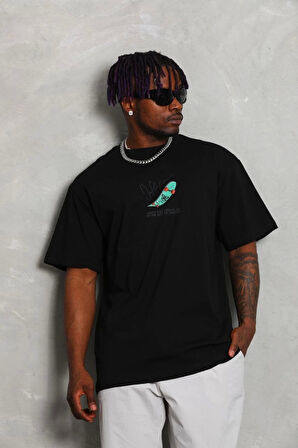 Unisex Oversize Baskılı Bisiklet Yaka T-Shirt - Siyah