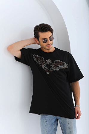 Unisex Oversize Taşlı Bisiklet Yaka T-Shirt - Siyah