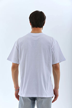 Unisex Oversize Düz Bisiklet Yaka T-Shirt - Beyaz