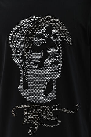 Unisex Oversize Taşlı Bisiklet Yaka T-Shirt - Siyah