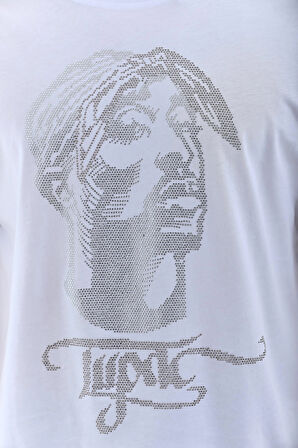 Unisex Oversize Taşlı Bisiklet Yaka T-Shirt - Beyaz