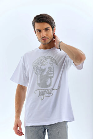 Unisex Oversize Taşlı Bisiklet Yaka T-Shirt - Beyaz