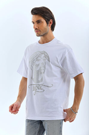 Unisex Oversize Taşlı Bisiklet Yaka T-Shirt - Beyaz
