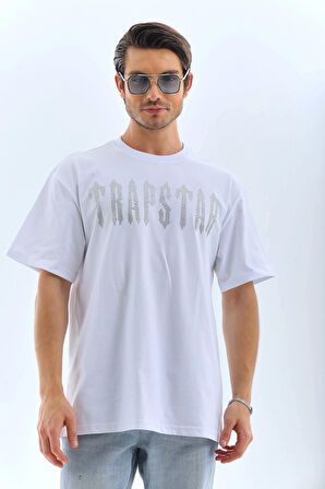 Unisex Oversize Taşlı Bisiklet Yaka T-Shirt - Beyaz