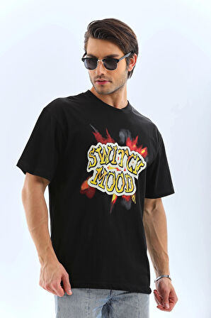 Unisex Oversize Baskılı Bisiklet Yaka T-Shirt - Siyah