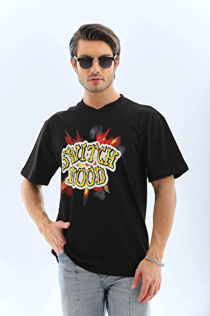 Unisex Oversize Baskılı Bisiklet Yaka T-Shirt - Siyah