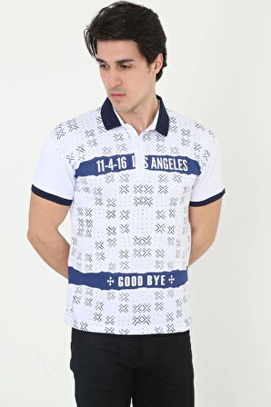 Erkek Yakalı Slim Fit Baskılı T-Shirt - Beyaz
