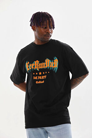 Unisex Baskılı Oversize T-Shirt - Siyah