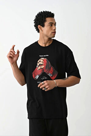 Unisex Baskılı Oversize T-Shirt - Siyah