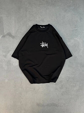 Unisex Bisiklet Yaka Baskılı Oversize T-Shirt - Siyah