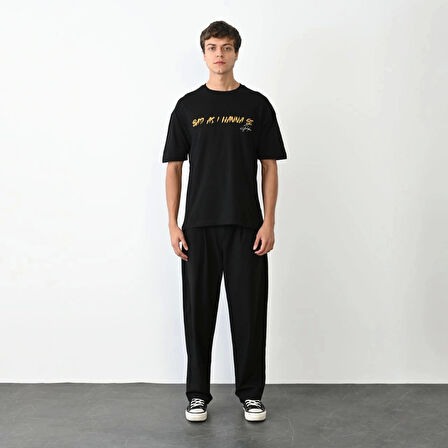 Unisex Bisiklet Yaka Baskılı Oversize T-Shirt - Siyah