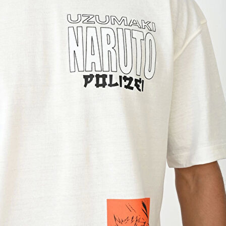 Unisex Bisiklet Yaka Baskılı Oversize T-Shirt - Beyaz