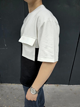 Unisex Torba Cep Detaylı Parçalı T-Shirt - Siyah