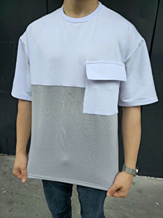 Unisex Torba Cep Detaylı Parçalı T-Shirt - Gri