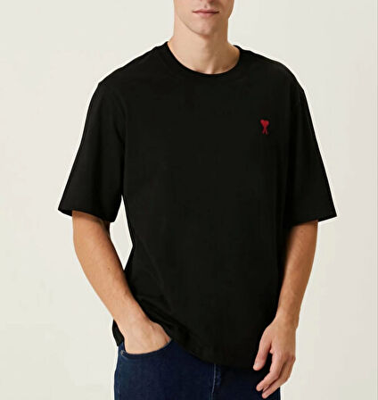 Unisex Bisiklet Yaka Baskılı Oversize T-Shirt - Siyah