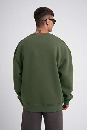 Unisex Biskilet Yaka Üç İplik SweatShirt - Haki