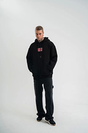 Double Oversize Kapşonlu Dijital Patchli SweatShirt - Siyah