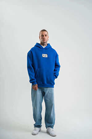 Unisex Kapşonlu Uzun Kol Patchli Nakışlı SweatShirt - Mavi