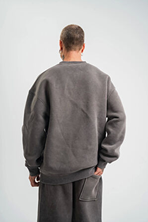 Unisex Uzun Kol Bisiklet Yaka Yıkamalı SweatShirt - Füme