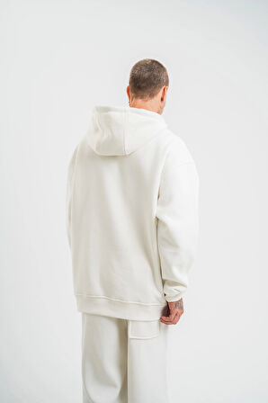 Unisex Double Oversize Kapşonlu Basic SweatShirt - Beyaz