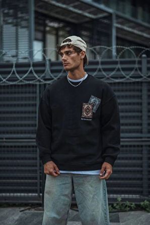 Uzun Kol Bisiklet Yaka Baskılı SweatShirt - Siyah