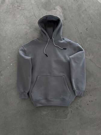 Kapüşonlu Üç İplik Penye Basic SweatShirt - Boyalı Gri
