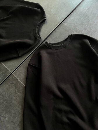 Kışlık Bisiklet Yaka Üç İplik Basic SweatShirt - Siyah