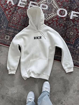 Uzun Kol Kapüşonlu Göğüs Baskılı SweatShirt - Beyaz