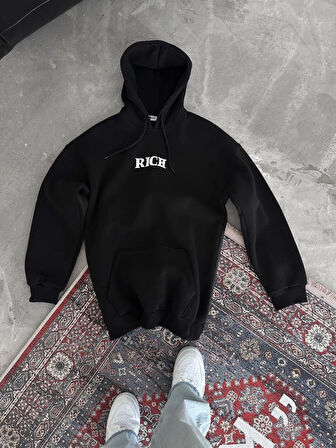 Uzun Kol Kapüşonlu Göğüs Baskılı SweatShirt - Siyah