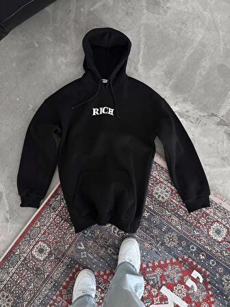 Uzun Kol Kapüşonlu Göğüs Baskılı SweatShirt - Siyah