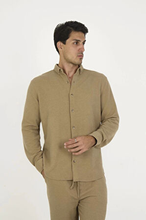 Düğmeli Tam Kalıp Uzun Kol Jakar Gömlek - Kahverengi