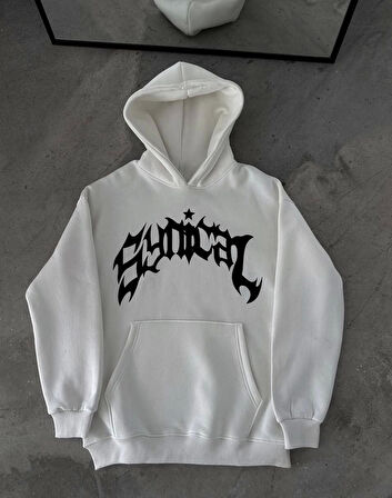 Üç İplik Kapüşonlu Baskılı Oversize SweatShirt- Beyaz