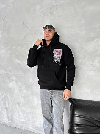 Uzun Kol Kapüşonlu Ön Ve Arka Baskılı SweatShirt - Siyah