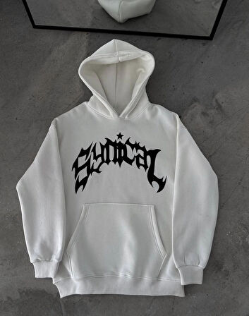 Kışlık Kapüşonlu Baskılı Oversize SweatShirt- Beyaz