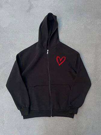 Üç İplik Baskılı Fermuarlı Kapüşonlu Hırka - Siyah