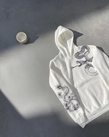 Uzun Kol Kapüşonlu Baskılı SweatShirt - Beyaz