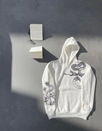 Uzun Kol Kapüşonlu Baskılı SweatShirt - Beyaz