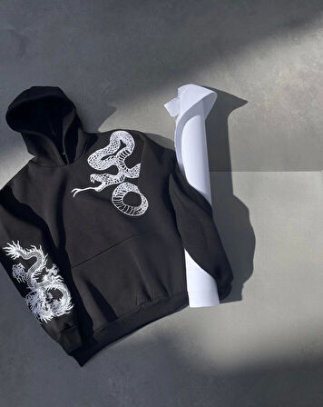 Uzun Kol Kapüşonlu Baskılı SweatShirt - Siyah