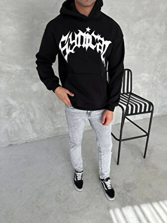 Unisex Üç İplik Kapüşonlu Baskılı SweatShirt - Siyah