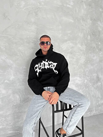 Unisex Üç İplik Kapüşonlu Baskılı SweatShirt - Siyah