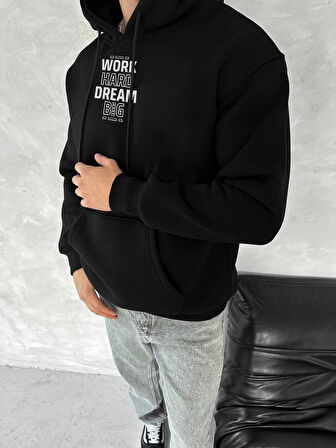 Kışlık Üç İplik Kapüşonlu SweatShirt - Siyah