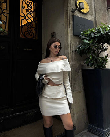 Straplez , Madonna , Carmen Yaka Croplu Mini Etekli ikili Takım Triko - Beyaz