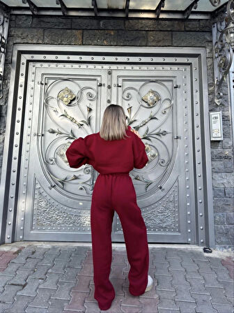 Geniş V Yaka Üç İplik Sweat Takım - Bordo